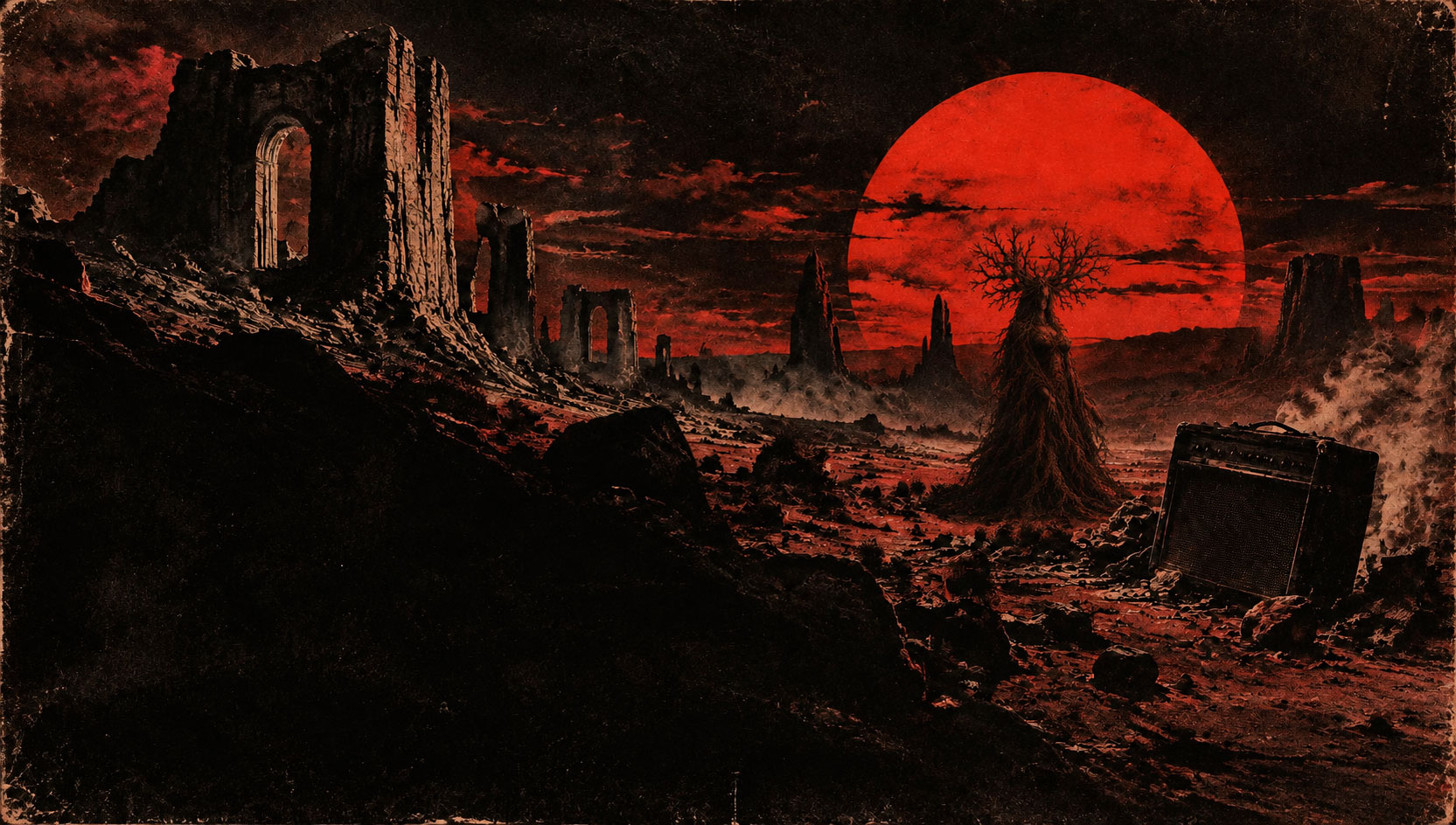 Ruinas bajo un sol rojo en el desierto
